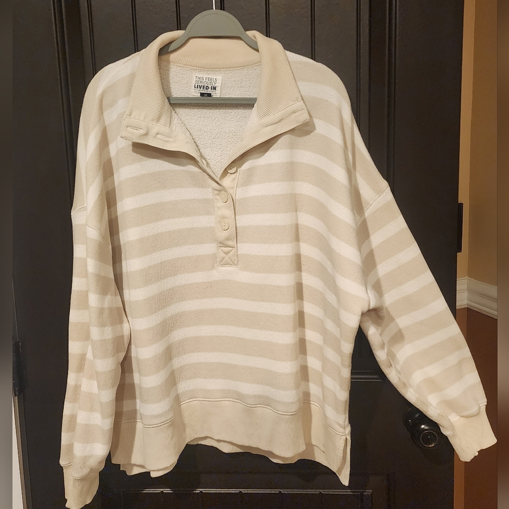 American Eagle Beige and Cream Striped Half Button Sweater, Size L